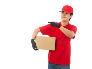 Young Delivery man in red uniform holding paper cardboard box mockup isolated on white background with clipping path.