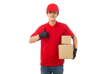 Young Delivery man in red uniform holding paper cardboard box mockup isolated on white background with clipping path.