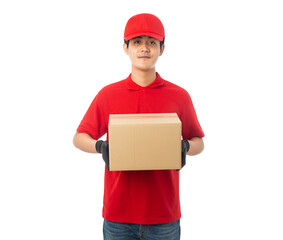 Young Delivery man in red uniform holding paper cardboard box mockup isolated on white background with clipping path.
