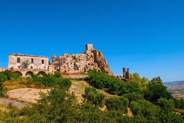 Fototapeta na wymiar Craco, Matera, Basilicata, Italy, view of the ghost town abandoned in 1963 due to natural disasters and now it represents a tourist attraction and a filming location