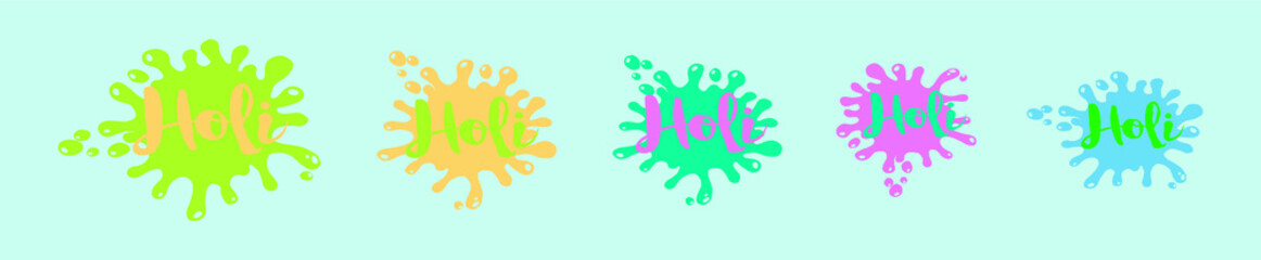 set of  happy holi text typography lettering for holi festival cartoon icon design template with various models. vector illustration