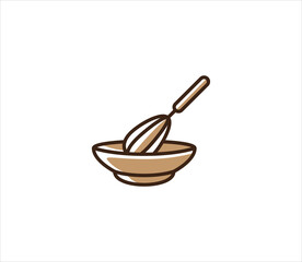 whisk inside a bowl vector icon in simple outline style for bakery and pastry shop