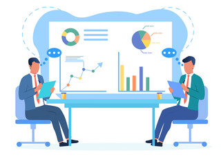Two businessmen sitting discussing their affairs and analysing their statistical performance charts, colored vector illustration