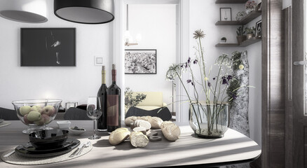 Dinning Room Inside a Fresh Renovated Building - panoramic black and white 3d visualization