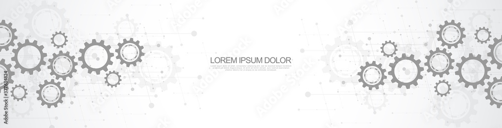 Fototapete Banner design template. Cogs and gear wheel mechanisms. Hi-tech digital technology and engineering. Abstract technical background.
