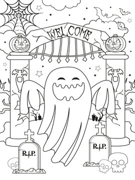 Halloween coloring page of white flying ghost on graveyard gate. Coloring page for the coloring book. 