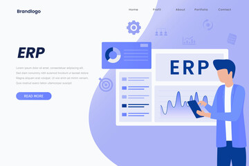 ERP Enterprise resource planning landing page illustration,  productivity and company enhancement. Illustration for websites, landing pages, mobile applications, posters and banners.