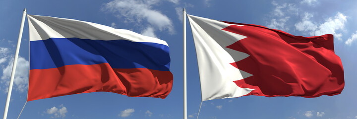 Waving flags of Russia and Bahrain on flagpoles, 3d rendering