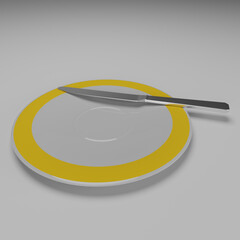 3d render of stainless steel knife placed on a ceramic china plate