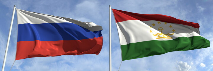 National flags of Russia and Tajikistan, 3d rendering