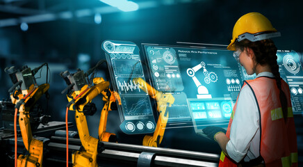 Smart industry robot arms for digital factory production technology showing automation...