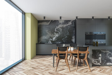 Black marble kitchen interior with bar