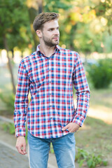 male beauty and fashion. guy with bristle wear checkered shirt. concept of barbershop. casual...