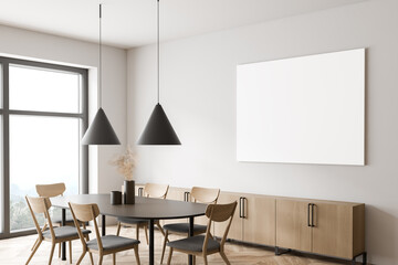 Panoramic white dining room corner with poster