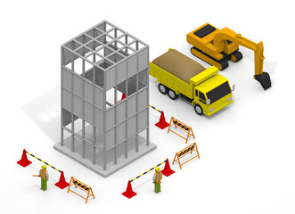 A person who works at a construction site. A truck that carries garbage. Excavator operation. isometric.
