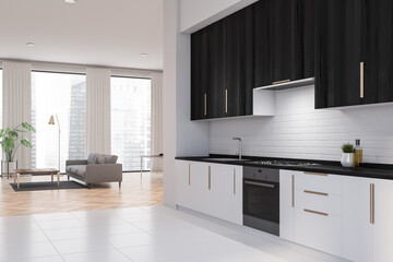 White and black kitchen corner with cupboards