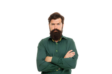 Bearded man with confident look in casual style keep arms crossed isolated on white, confidence