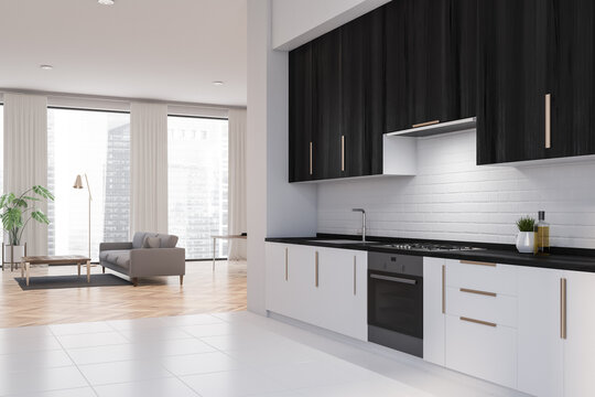 White And Black Kitchen Corner With Cupboards