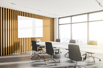 Panoramic white meeting room corner with poster