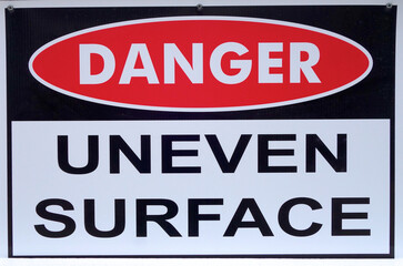 Danger: Uneven surface sign at the beach.