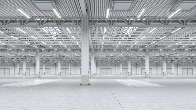 Bright empty warehouse interior hall. Camera horizontal infinite move in empty storage room. Empty industrial interior hall looping animation. Endless logistic distribution interior room with gates.