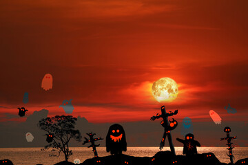 Full Halloween Moon on night sky back silhouette tree and spirits on island ghosts