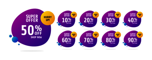 Sale tags set vector badges template, up to 10, 20, 90, 80, 30, 40, 50, 60, 70 percent off, vector illustration. Discount banner for social media. 