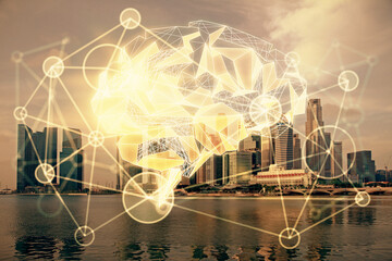 Brain hologram drawing on city scape background Double exposure. Brainstorming concept.