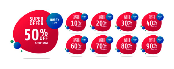Sale tags set vector badges template, up to 10, 20, 90, 80, 30, 40, 50, 60, 70 percent off, vector illustration. Discount banner for social media. 