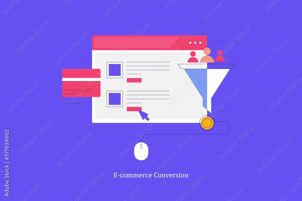 Poster ecommerce conversion funnel. marketing and sales funnel optimization for online shopping website. di