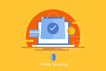 Shopping online, digital ecommerce shopping concept.  Shopping bag on laptop screen with secure payment, digital marketing, online shopping website, sales and discount offer, fast delivery concept.