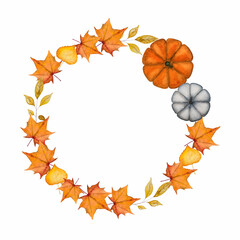 Bright picture with the image of painted pumpkin. Close-up, view from above, no people. Watercolor paint. Concept of delicious and healthy food