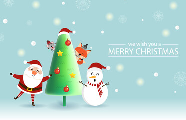 Merry Christmas and happy new year with cute Santa Claus with rat, foxe, reindeer, Christmas tree in green background. Holidays cartoon character vector