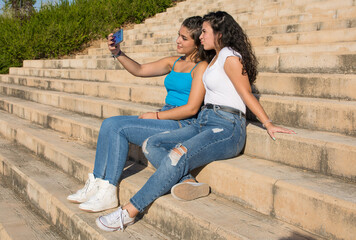 Fototapeta na wymiar Teenage Women Making A Self Portrait Sitting In A Park. Two friends making a self portrait with a mobile phone.