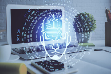 Double exposure of work space with computer and human brain drawing hologram. Brainstorm concept.