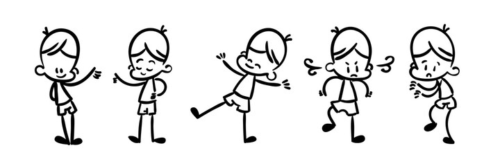 Collection of happy cartoon kids, lined hand drawn doodle outline style
