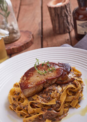 Grilled Foie gras steak with with Fettuccine pasta