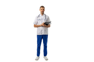 Full length portrait of young medical doctor with clipboard and stethoscope isolated on white background.