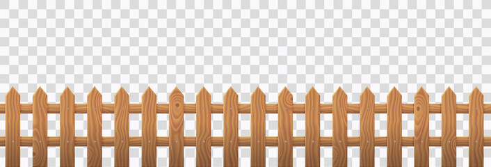 Wooden picket fence isolated on transparent background. Vector realistic barrier with brown wood texture for rustic garden, house backyard or farm. Enclosure from boards, rural boundary from planks