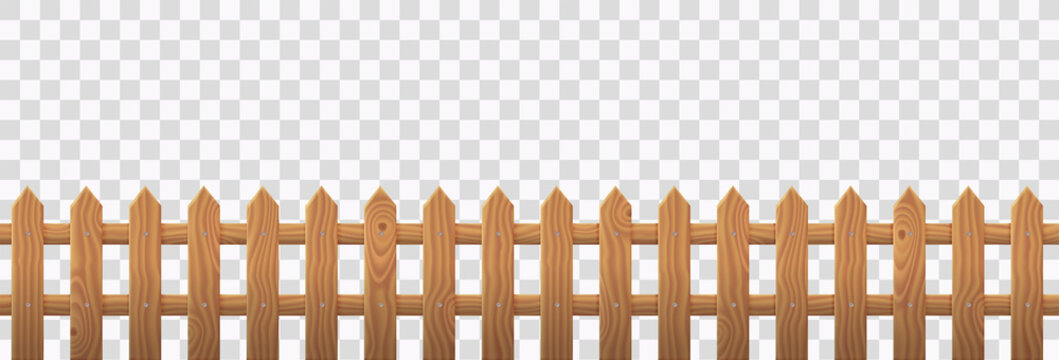 Wooden picket fence isolated on transparent background. Vector realistic  barrier with brown wood texture for rustic garden, house backyard or farm.  Enclosure from boards, rural boundary from planks Stock Vector | Adobe