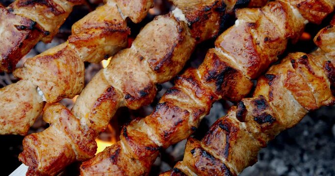 Delicious beef kebab is fried over hot coals. 