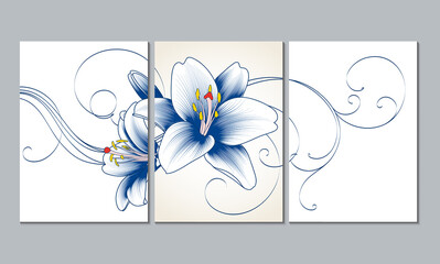 Set of 3 canvases for wall decoration in the living room, office, bedroom, kitchen, office. Home decor of the walls. Floral background with flowers of dahlias. Element for design. 