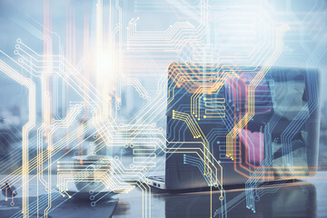 Multi exposure of table with computer and world map hologram. International data network concept.