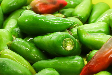 Green Chilly Peppers, bunch of green chillies in basket