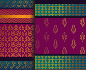 Indian Pattu Sari Vector pattern set. Traditional handmade Indian silk sari /saree with golden details, woman wear on festival, ceremony, and weddings.