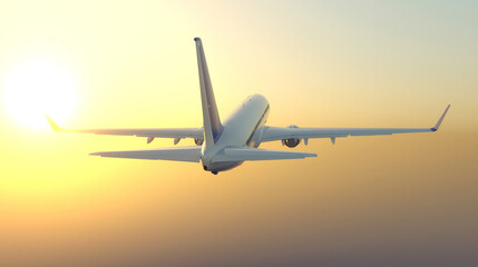 Commercial airplane flying in sunset light. Concept of fast travel. 3D illustration.