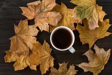 Cup of tea on wooden table with yellow autumn leaves around. Hot tea amid autumn foliage