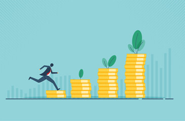 Financial growth concept with golden coin. concept of monetary collection or strategy of profit or benefit making in business to win. cartoon design.