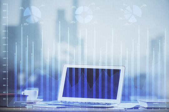 Multi exposure of chart and financial info and work space with computer background. Concept of international online trading.