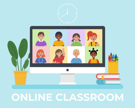 Monitor Screen With Video Conference With School Children. Online Classroom In Quarantine Concept. Flat Vector Illustration